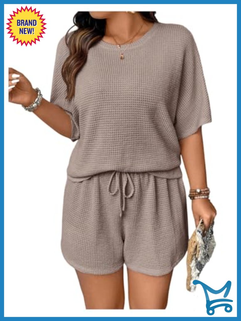 Plus Size 2 Piece Waffle Knit Short Sleeve T-Shirt & Shorts Lounge Set